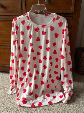 White Long Sleeve Top with Red Heart Print
